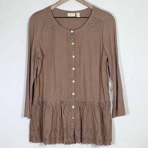 LOGO Lavish Women Top S Brown Eyelet Lace Ruffle Peplum Boho Cottagecore Neutral